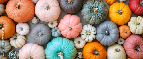 colorful pumpkins a flat lay of various pumpkins in different colors and sizes. photo