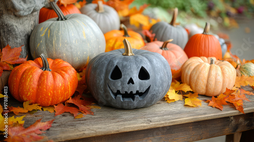 Spooky Jack-O-Lantern Pumpkin With Autumn Leaves On Rustic Wooden Table photo