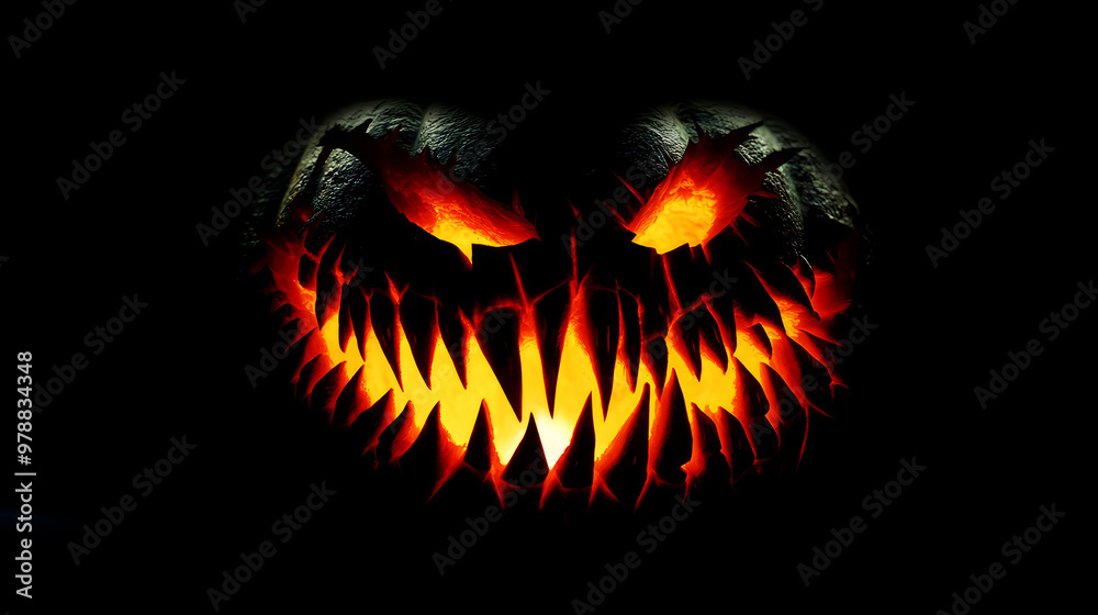 Naklejka premium Spooky Halloween Pumpkin With Glowing Eyes And Teeth