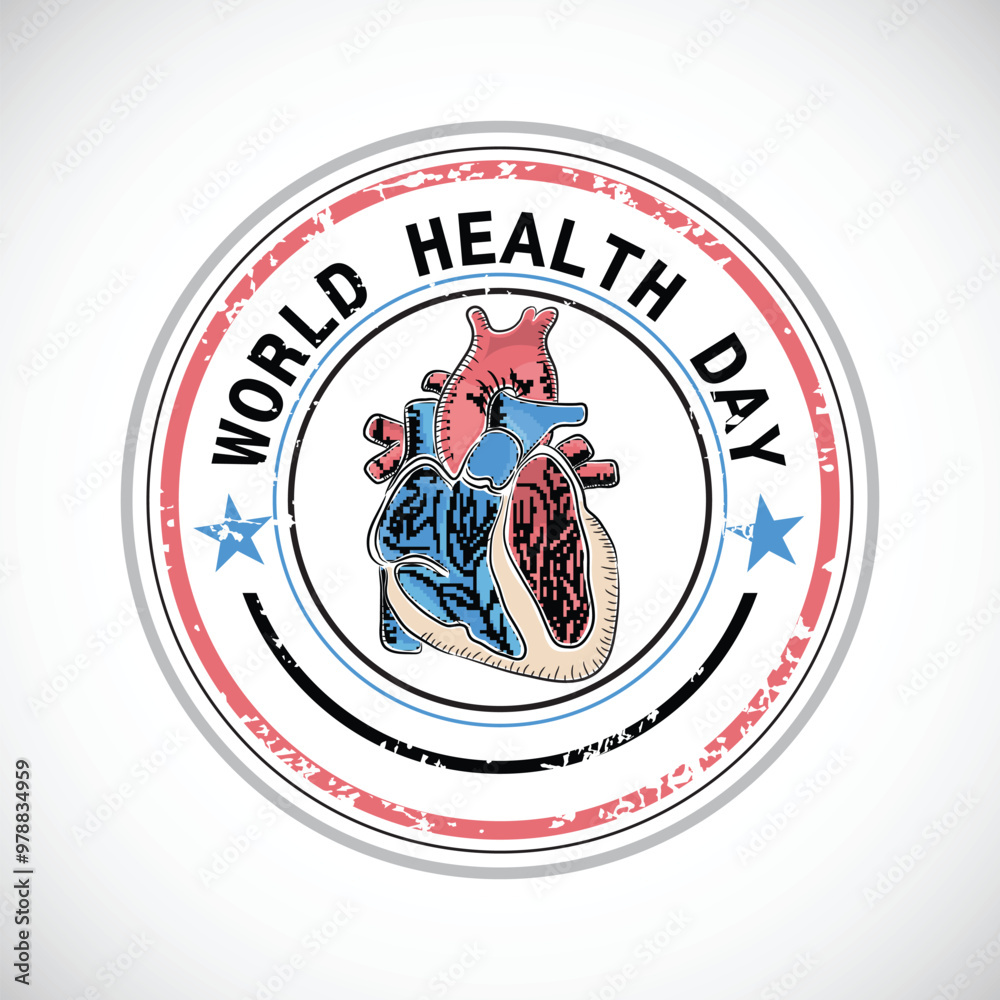 Fototapeta premium World Health Day Sticker, Badge, Stamp Design with Pink and Blue Heart in Round Shape Vector Illustration.