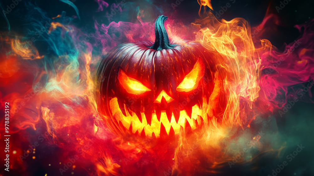 Fototapeta premium Fiery Halloween Pumpkin. Glowing Jack-O'-Lantern In Flames. Spooky Halloween.