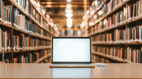 Laptop with blank screen on table in Modern library or bookstore interior with Learning and coworking space,relax zone,Library with rows of bookshelves,school or university,education concept.