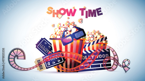 Realistic Cinema or Movie Elements Decorated Background for Show Time Concept.