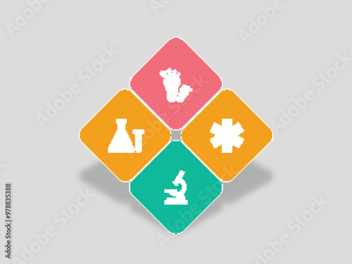 World heath day concept with Medical icons like as family footprint, test flask, microscope in colorful abstract geometric shape background.