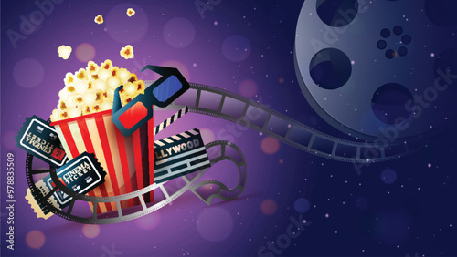Realistic Cinema or Movie Elements on Purple Bokeh Background with Copy Space.