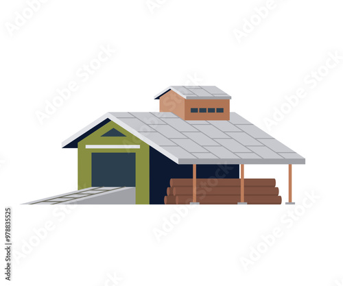 Stack of firewood and garage, woodpile for making fire. Felled tree trunks, wood storage. Flat vector illustration building and timber isolated on background. Sawmill, wood production and forestry