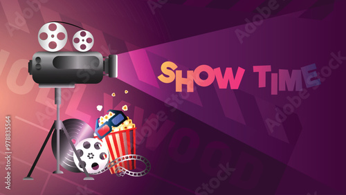 Realistic Cinema or Movie Elements Decorated on Purple Background for Show Time Concept.