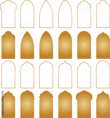 Arabic golden vector arches png transparent bundle. Arabian ornament. Doors and windows templates for design 