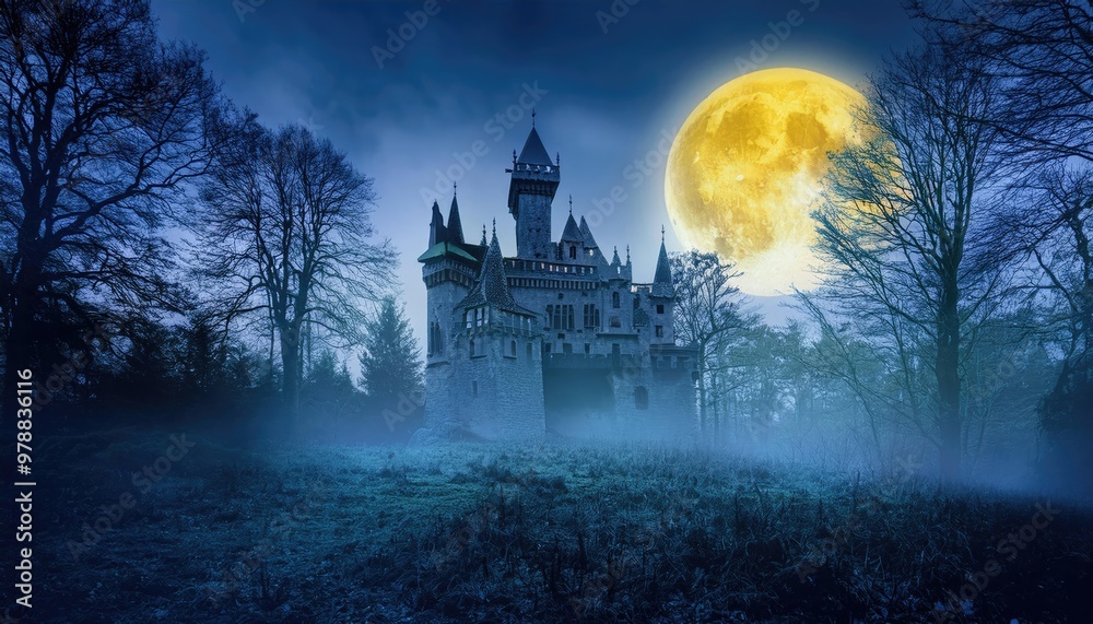A spooky forest sunset and Spooky old gothic castle, foggy night, haunted mansion with big full moon background A spooky forest sunset and Spooky old gothic castle, foggy night, haunted mansion with big full moon background