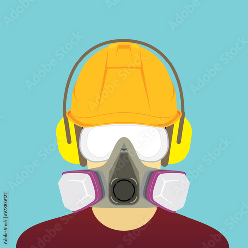 Man of worker with hardhat, earmuff, goggles, and gas mask protective equipment vector illustration. Industrial and construction