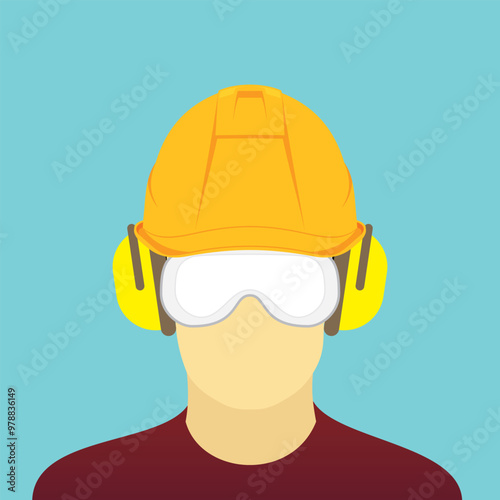 Worker with safety helmet, goggles, and earmuff. Personal protective equipment against falling material, flying debris endanger eye, and noise hazard.