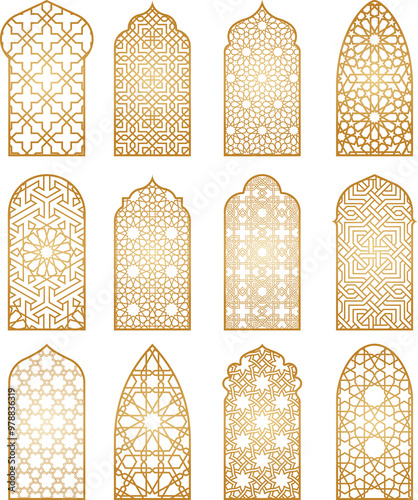 Arabic golden vector arches png transparent bundle. Arabian ornament. Doors and windows templates for design 