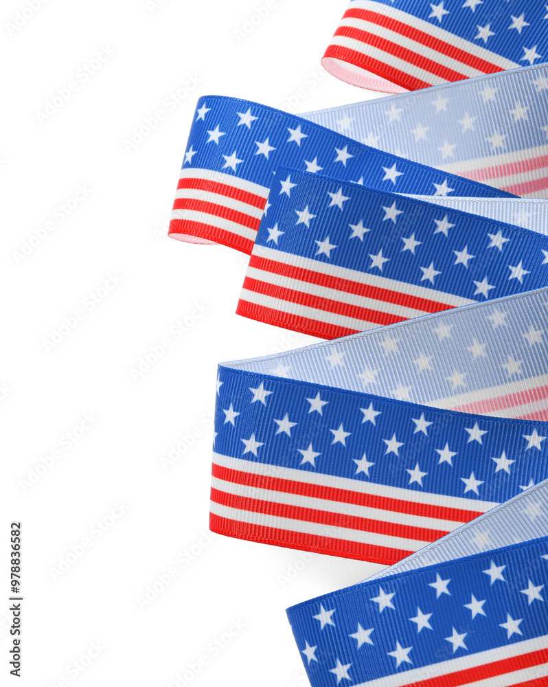 Obraz premium Ribbon in colors of American flag isolated on white, top view