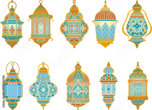 Moroccan lanterns clipart. Arabian lamp pattern. Arabic golden png transparent ornament
