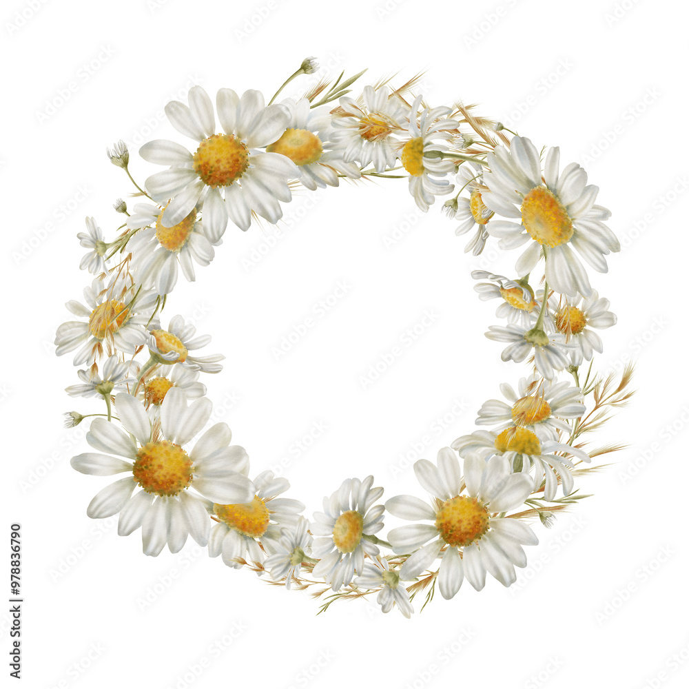 Obraz premium Round wreath of white flowers daisies, buds, dried flowers as a symbol of purity, innocence, love, fidelity. Watercolor clipart on transparent background for product design, postcards, calendar