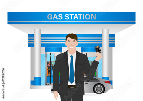 Man Making Payment by Credit Card  for Refueling Car at Gas Station. Vector Illustration.