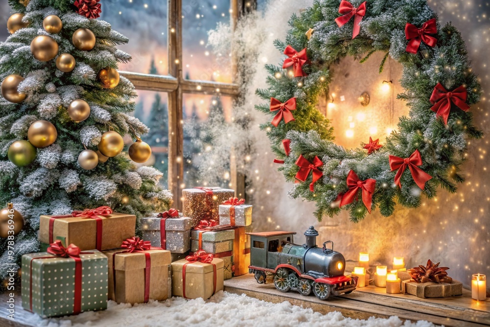Fototapeta premium Gift boxes, garlands, a steam train and a Christmas tree in the home interior of the living room. A cozy concept for the Christmas holidays in 2025. We prepare gifts for our loved ones.