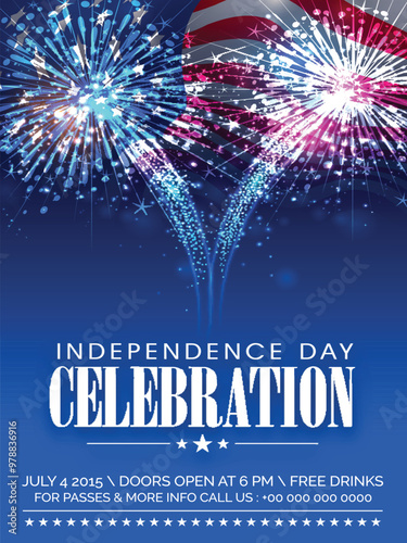 American Independence Day celebration invitation card with fireworks.
