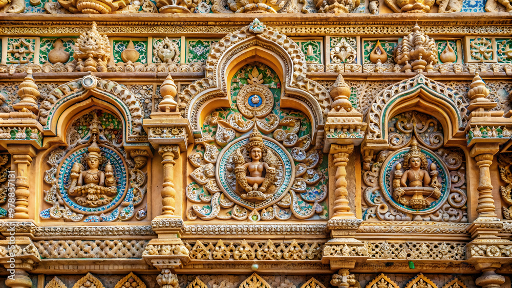Obraz premium Texture of intricate decoration on the wall of an Indian temple, Indian, temple, wall, decoration, texture, intricate