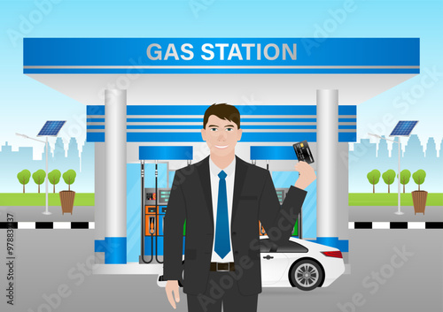 Man Making Payment by Credit Card  for Refueling Car at Gas Station. Vector Illustration.