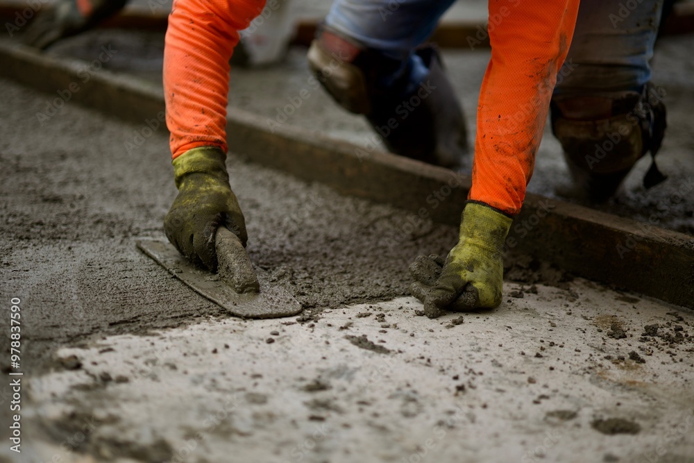 road crew using a trowel to smooth the wet concrete road crew using a trowel to smooth the wet concrete