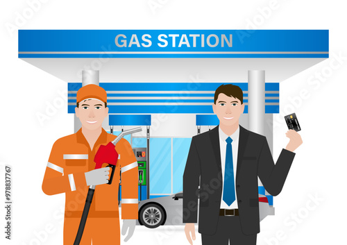 Man Making Payment by Credit Card  for Refueling Car at Gas Station. Vector Illustration.