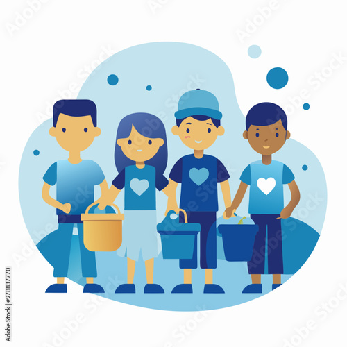 Group of children holding buckets and smiling, promoting teamwork and environmental awareness