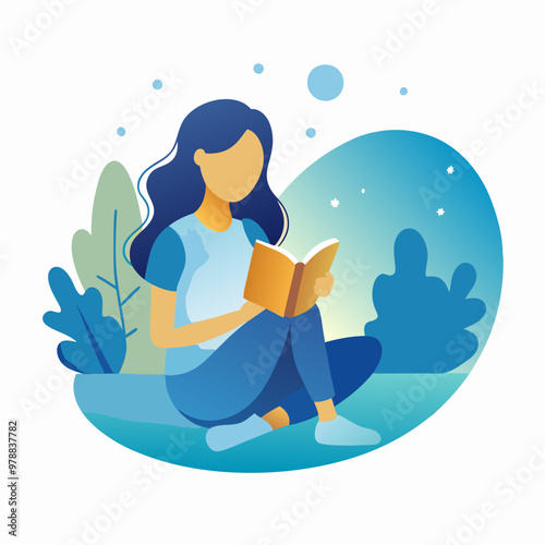 Young girl reading a book while sitting on the ground in a tranquil outdoor environment