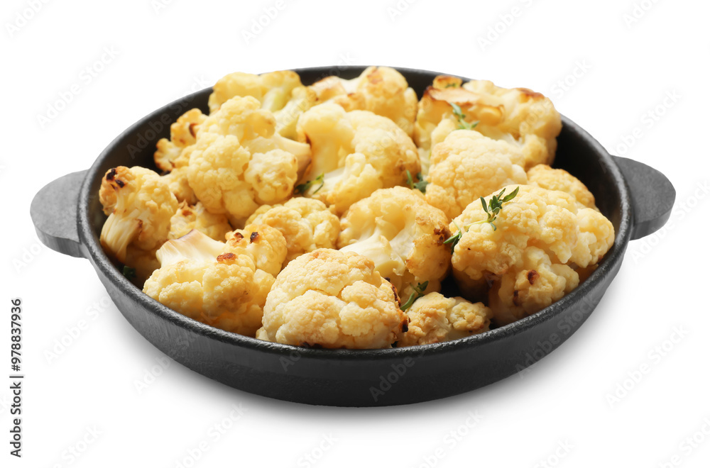 Baked cauliflower in baking dish on white background Baked cauliflower in baking dish on white background