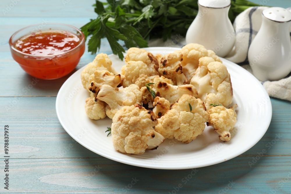Baked cauliflower and sauce on light blue wooden table Baked cauliflower and sauce on light blue wooden table