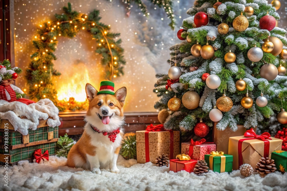 Φωτογραφία Gift boxes, garlands, a Christmas tree and a Welsh Corgi dog in the home interior of the living room
