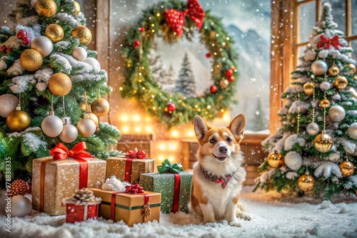 Gift boxes, garlands, a Christmas tree and a Welsh Corgi dog in the home interior of the living room. A cozy concept for the Christmas holidays in 2025. Preparing gifts for loved ones