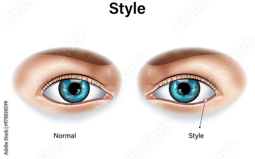 Normal and Style Eye Conditions: Detailed Science Vector Illustration with Labels to Enhance Understanding of Ocular Health and Anatomy