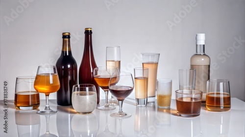 Assorted Alcoholic Beverages in Various Glasses and Bottles on White Background