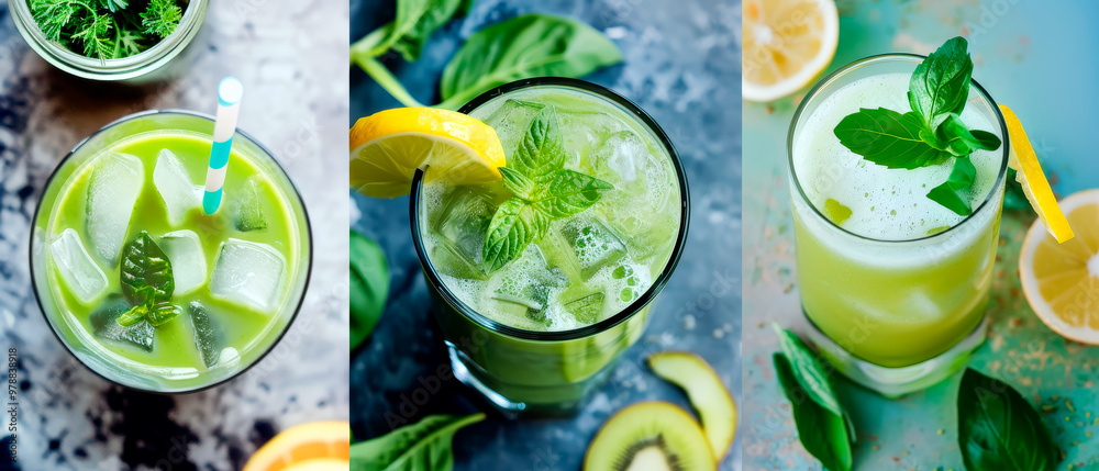 Refreshing green drinks, energy shakes, straw, moment of relaxation, healthy vibe Refreshing green drinks, energy shakes, straw, moment of relaxation, healthy vibe