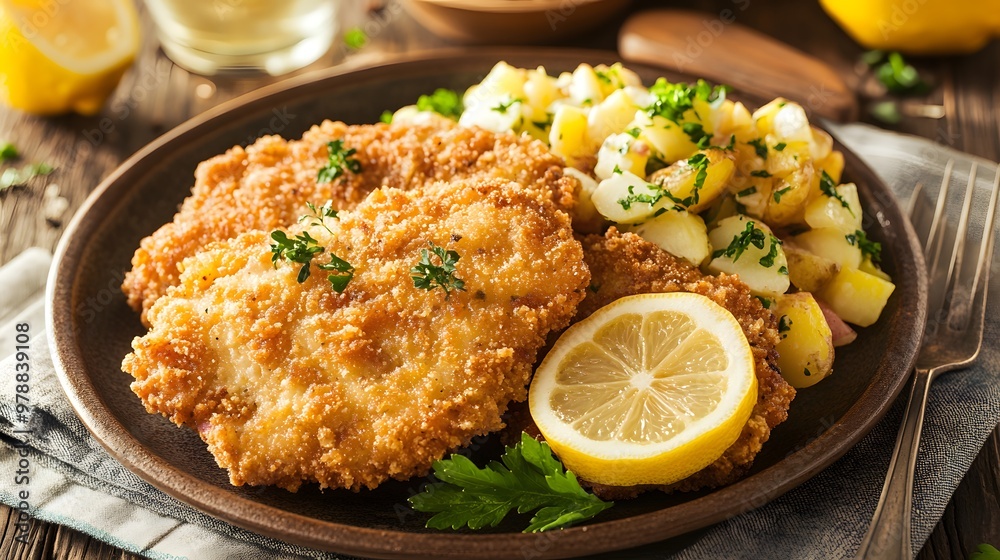 Austrian Wiener Schnitzel with breaded veal cutlet Austrian Wiener Schnitzel with breaded veal cutlet