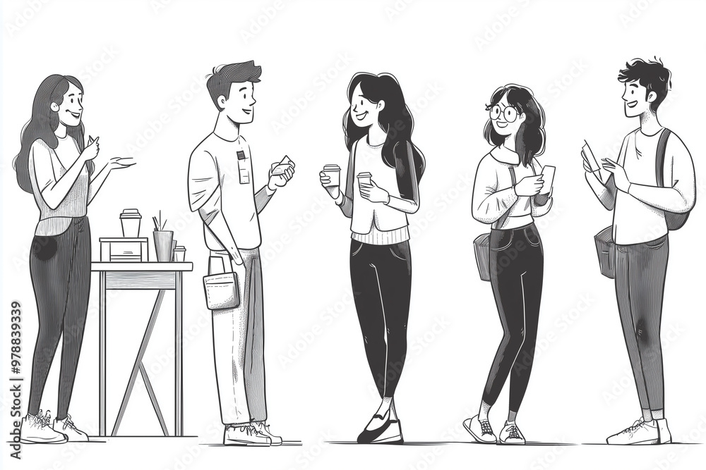 A series of black and white illustrations featuring office workers during a casual coffee break. The characters are chatting and smiling while standing or leaning against desks. A series of black and white illustrations featuring office workers during a casual coffee break. The characters are chatting and smiling while standing or leaning against desks.