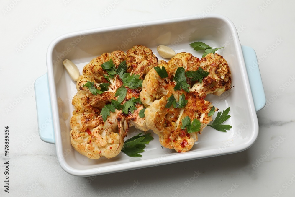 Tasty cauliflower steaks and parsley in baking dish on white marble table, top view Tasty cauliflower steaks and parsley in baking dish on white marble table, top view