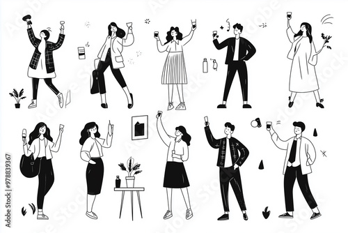 A collection of black and white illustrations depicting colleagues celebrating a successful project in a casual office environment. The style is simple line art