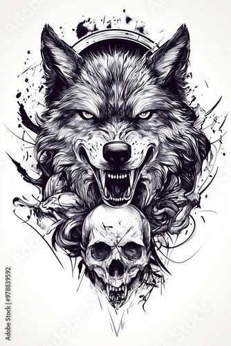 sketch for tattoo of the wolf, the werewolf, the devil and skull, The style is dark fantasy cartoon, with black ink lines 