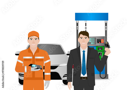 Man Making Payment by Credit Card  for Refueling Car at Gas Station. Vector Illustration.