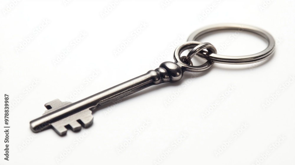 Silver Key with Keyring on White Background Silver Key with Keyring on White Background