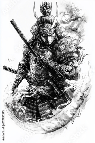 
A tattoo design of the samurai warrior in black and white ink, with detailed shading that captures his muscular physique, holding japanize weapon photo