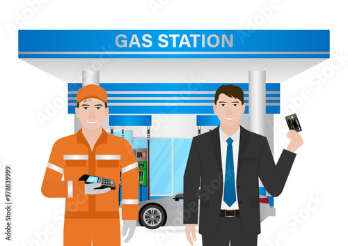 Man Making Payment by Credit Card  for Refueling Car at Gas Station. Vector Illustration.