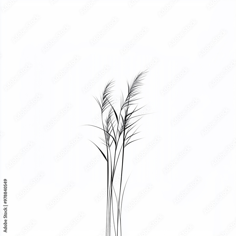 Sketch for tattoo of reeds, minimalistic line art of reeds with a high-tech twist, featuring sleek, modern details and abstract digital accents, all on a 100% white background
