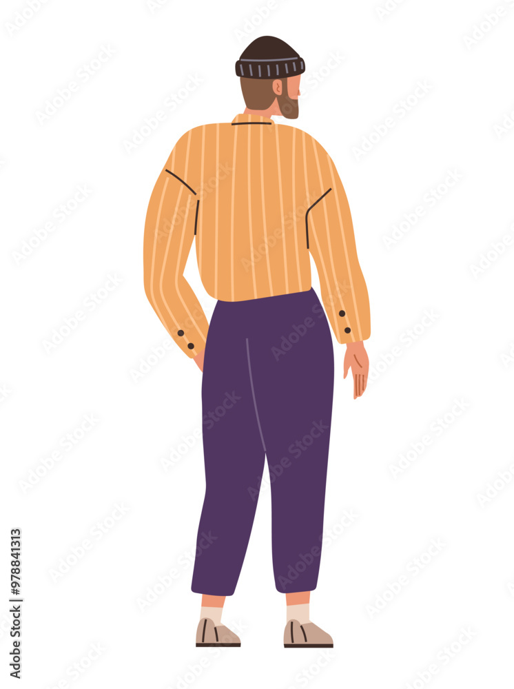 A man with a beanie hat is seen from behind, wearing a yellow striped sweater and purple pants. Ideal for fashion, casual wear, youth culture, urban lifestyle, and modern trends. Simple vector style A man with a beanie hat is seen from behind, wearing a yellow striped sweater and purple pants. Ideal for fashion, casual wear, youth culture, urban lifestyle, and modern trends. Simple vector style