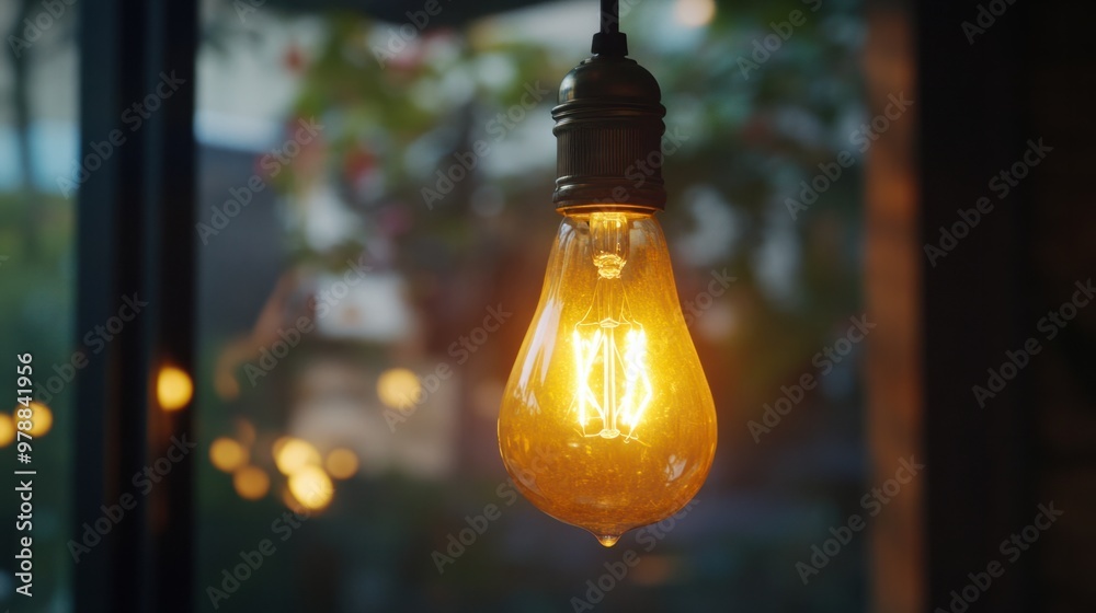 A close-up of a yellow Edison bulb glowing softly, hanging from a ceiling. A close-up of a yellow Edison bulb glowing softly, hanging from a ceiling.
