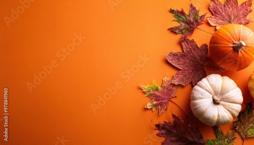 Autumn Vibes. Vibrant Orange Pumpkin Surrounded by Colorful Fall Maple Leaves on a Bold Orange Background, Symbolizing the Warmth and Festivity of the Fall Harvest Season photo