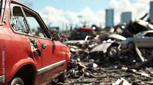 Scrapyard Apocalypse A towering scrapyard with crushed spare part