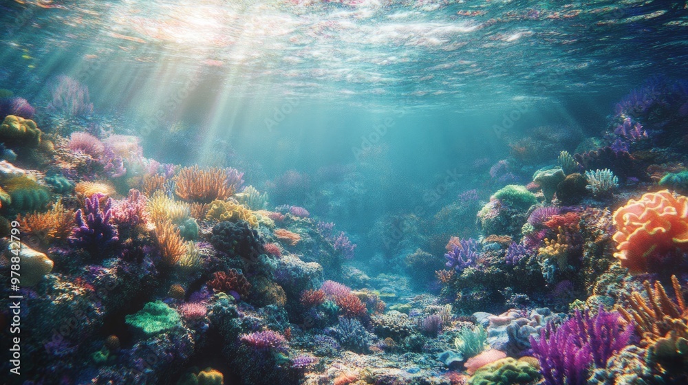 Fototapeta premium A mesmerizing underwater view of the ocean, showcasing the vibrant colors of coral and marine life in their natural outdoor environment.